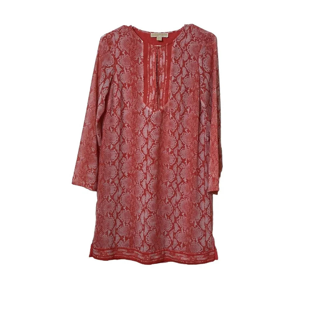 Michael Kors Tunic Dress Women's Size S Orange Sneak Print Long Sleeves Slits